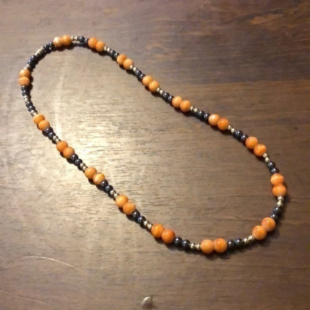 004 Vintage orange/black/gold bead necklace- 20”